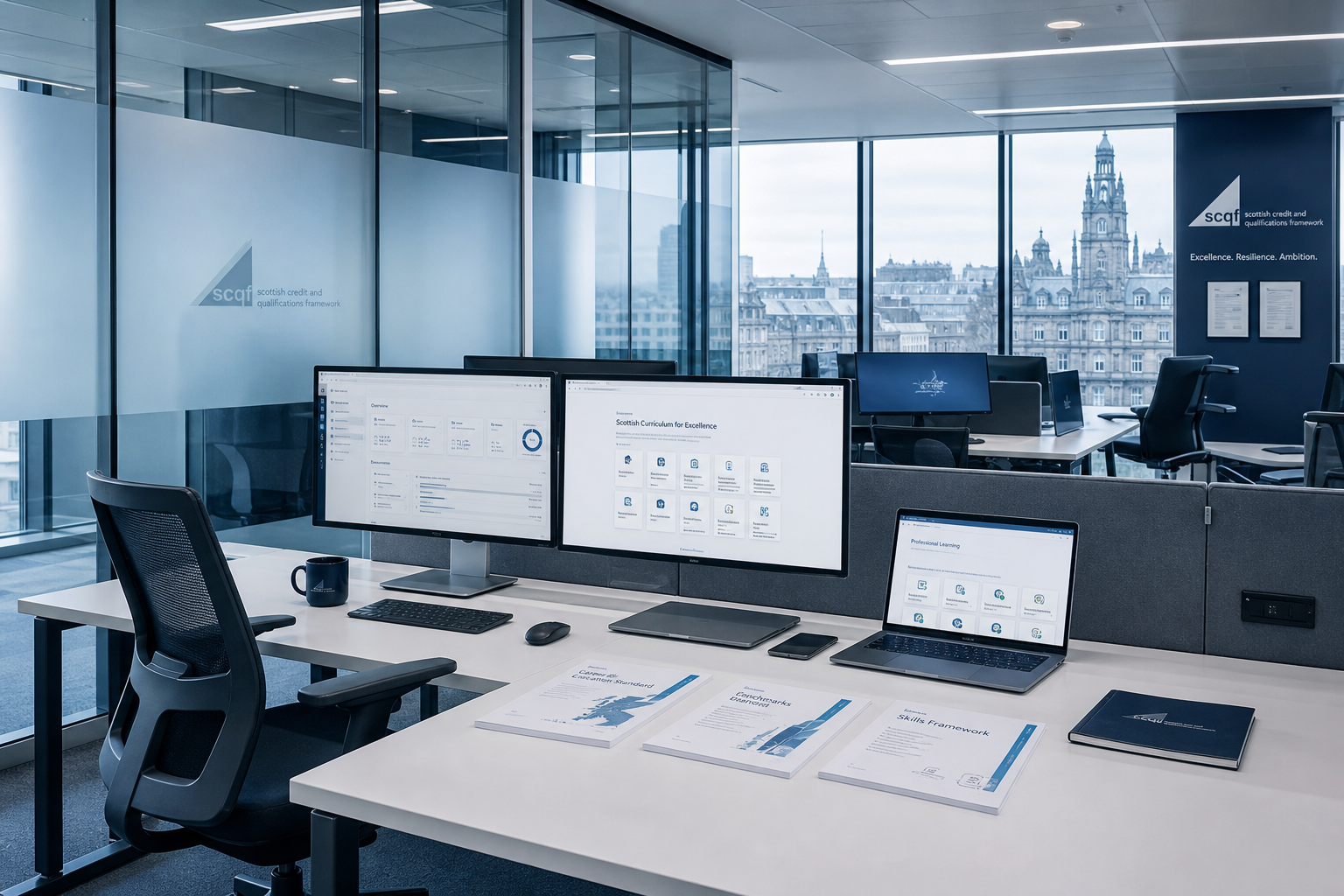 Bovingdon-Gray consultancy workspace with EdTech platform interfaces, Glasgow office